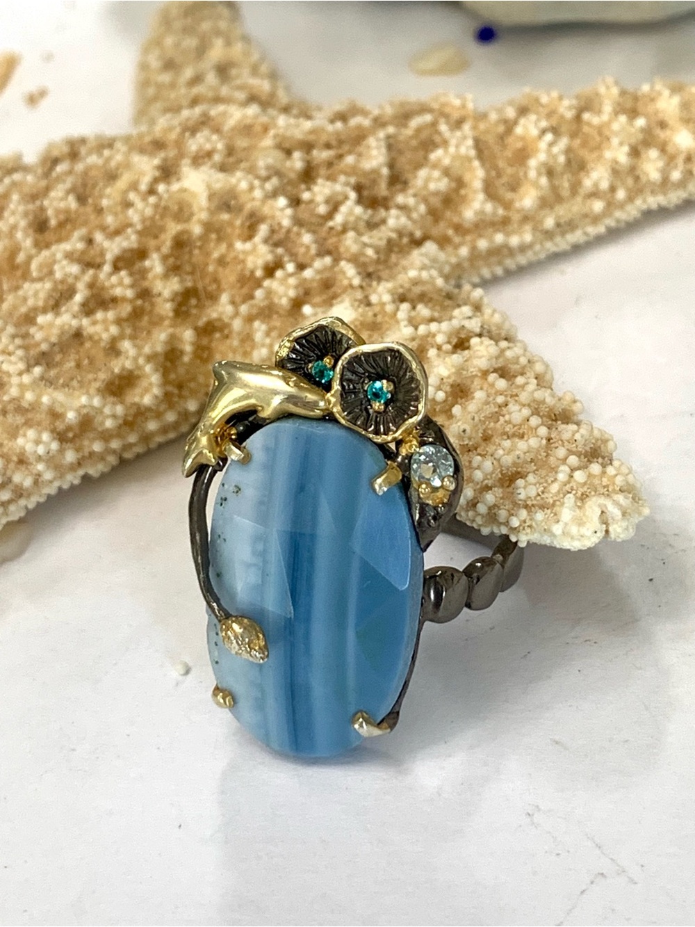 Custom Coastal Dolphin Owyhee Opal Sterling Silver & 14k Gemstone Ring